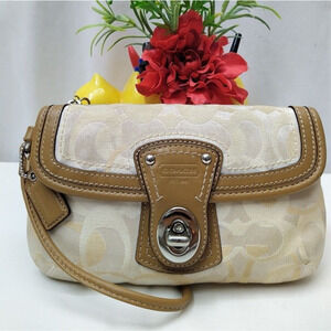 Coach Legacy Signature Beige Canvas Brown Leather Trim Flap Wristlet Coin Wallet